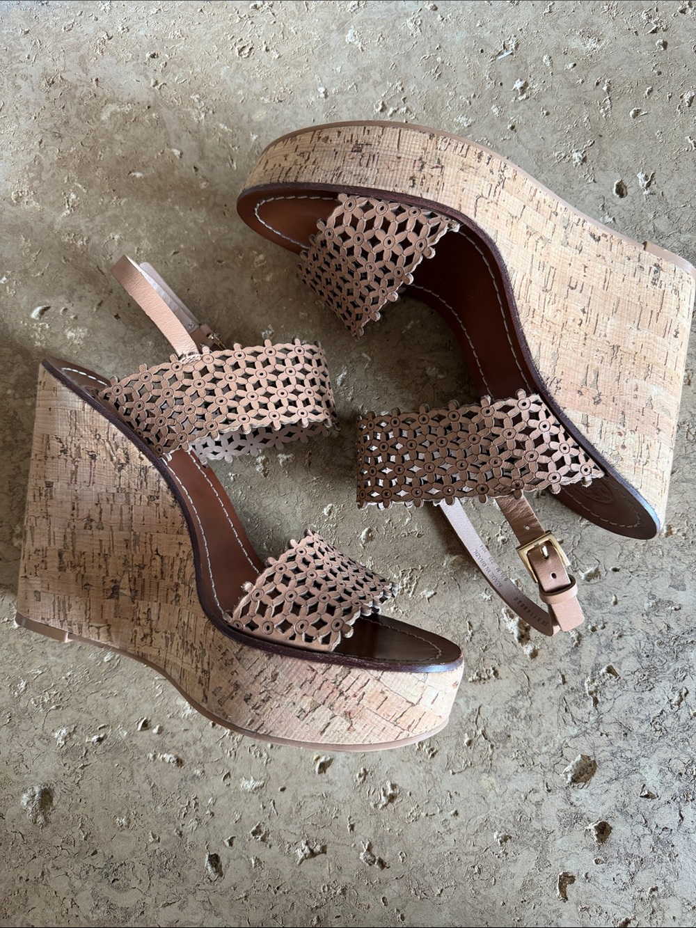 Tory Burch Tan Leather with Laser-Cut outs and Cork Wedge Sandals sz 9.5